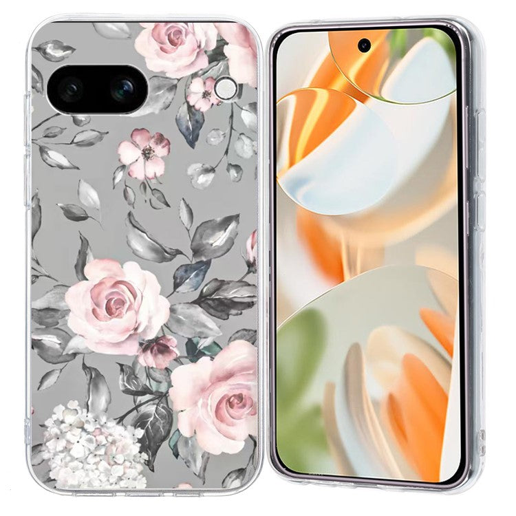 For Google Pixel 9a Case Pattern Printing Shockproof Soft TPU Phone Cover - Grey Background Flowers