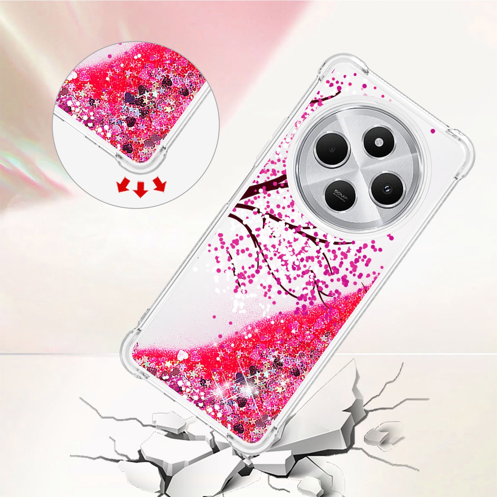 For Xiaomi Poco C75 4G / Xiaomi Redmi 14R 5G / Xiaomi Redmi 14C 4G Case YB Quicksand Series-2  Liquid Quicksand Pattern TPU Phone Cover - Cherry Blossom