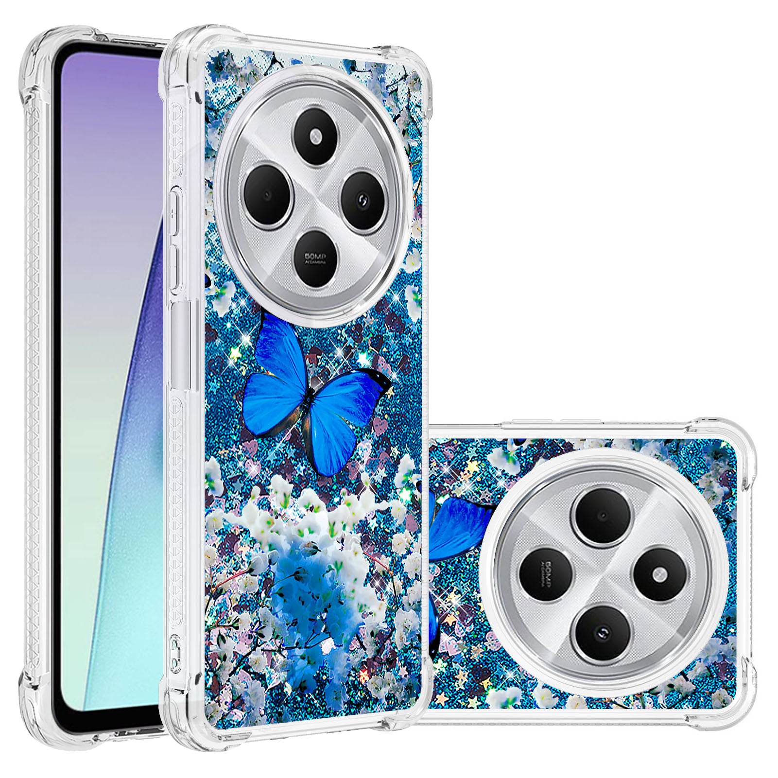 For Xiaomi Poco C75 4G / Xiaomi Redmi 14R 5G / Xiaomi Redmi 14C 4G Case YB Quicksand Series-2  Liquid Quicksand Pattern TPU Phone Cover - Blue Butterfly