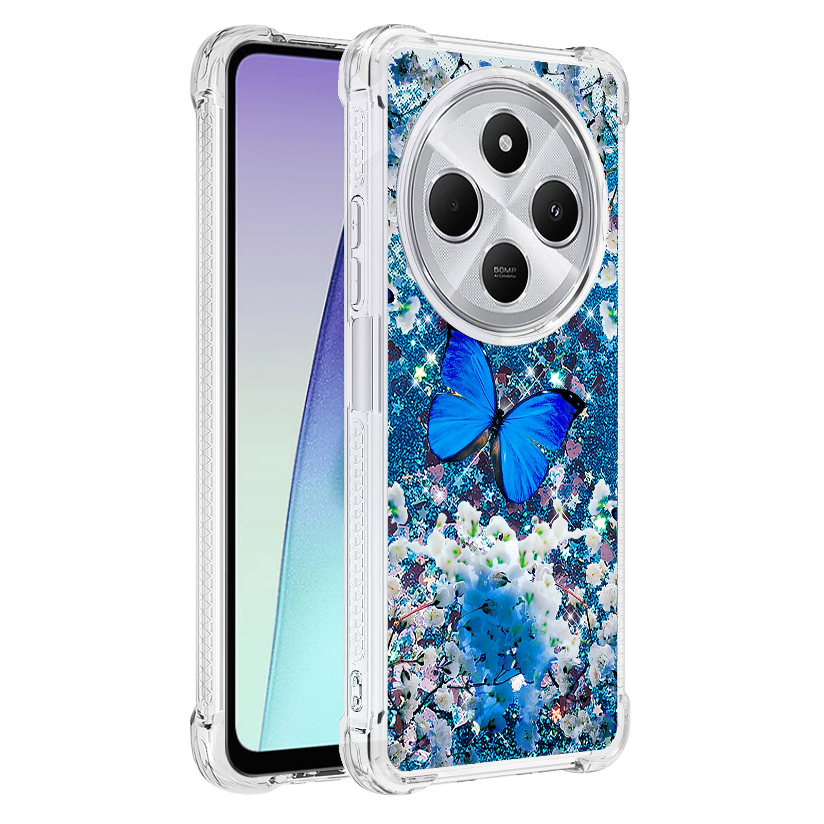 For Xiaomi Poco C75 4G / Xiaomi Redmi 14R 5G / Xiaomi Redmi 14C 4G Case YB Quicksand Series-2  Liquid Quicksand Pattern TPU Phone Cover - Blue Butterfly