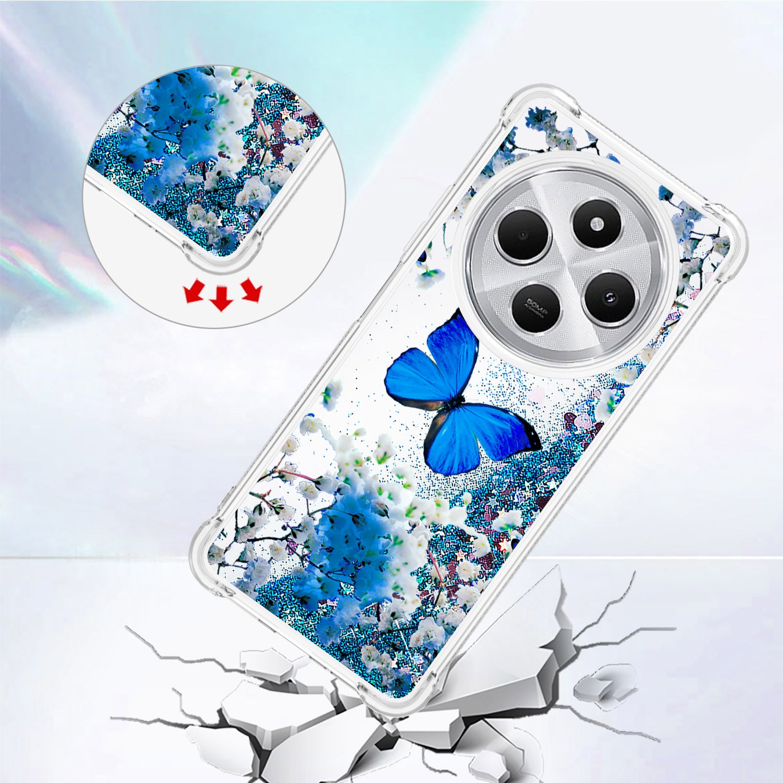 For Xiaomi Poco C75 4G / Xiaomi Redmi 14R 5G / Xiaomi Redmi 14C 4G Case YB Quicksand Series-2  Liquid Quicksand Pattern TPU Phone Cover - Blue Butterfly