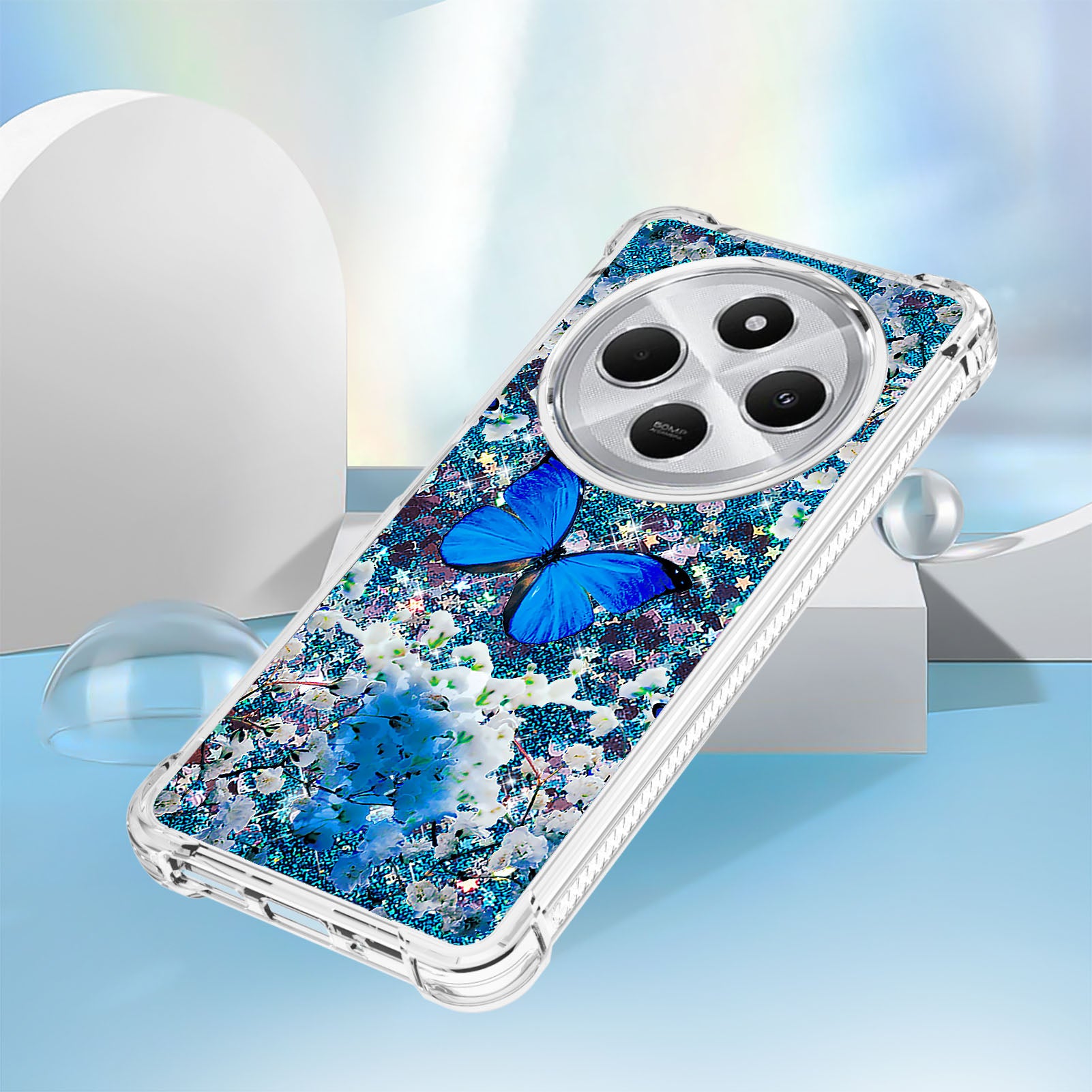 For Xiaomi Poco C75 4G / Xiaomi Redmi 14R 5G / Xiaomi Redmi 14C 4G Case YB Quicksand Series-2  Liquid Quicksand Pattern TPU Phone Cover - Blue Butterfly