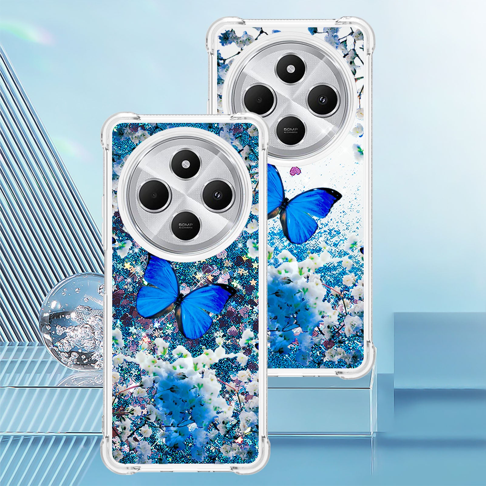 For Xiaomi Poco C75 4G / Xiaomi Redmi 14R 5G / Xiaomi Redmi 14C 4G Case YB Quicksand Series-2  Liquid Quicksand Pattern TPU Phone Cover - Blue Butterfly