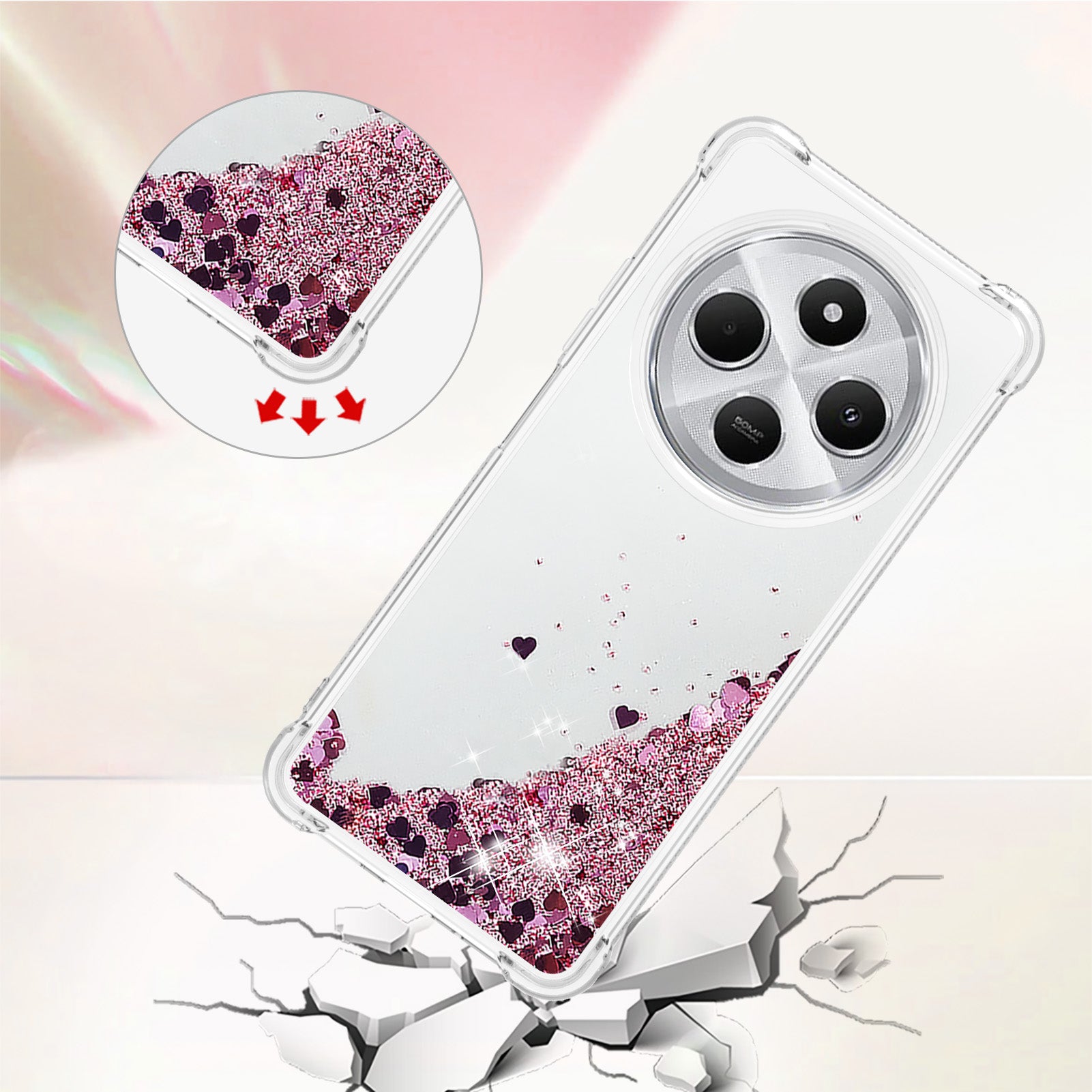 For Xiaomi Redmi 14R 5G / Xiaomi Poco C75 4G / Xiaomi Redmi 14C 4G Case Quicksand Anti-Drop TPU Phone Cover - Rose Gold / Hearts