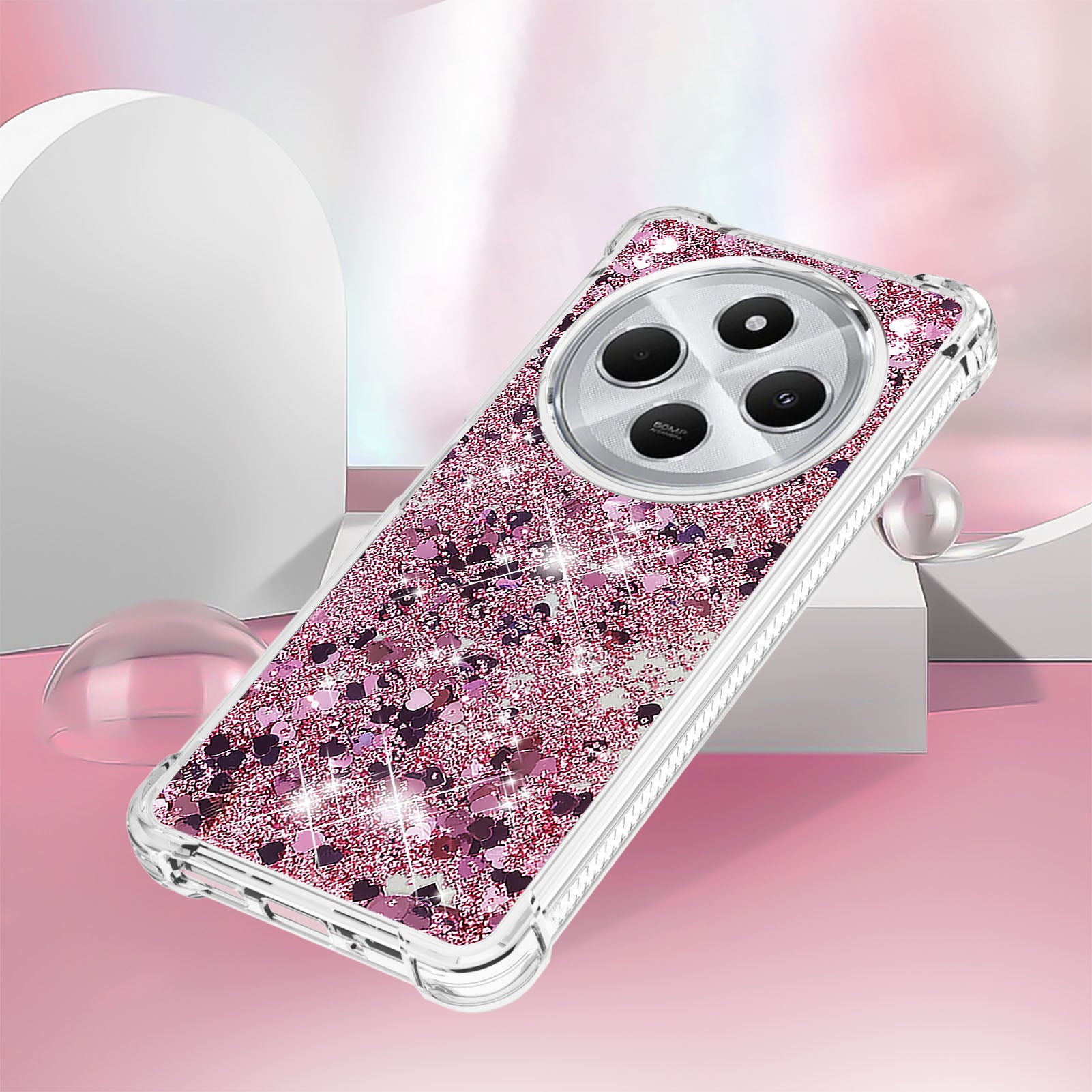 For Xiaomi Redmi 14R 5G / Xiaomi Poco C75 4G / Xiaomi Redmi 14C 4G Case Quicksand Anti-Drop TPU Phone Cover - Rose Gold / Hearts