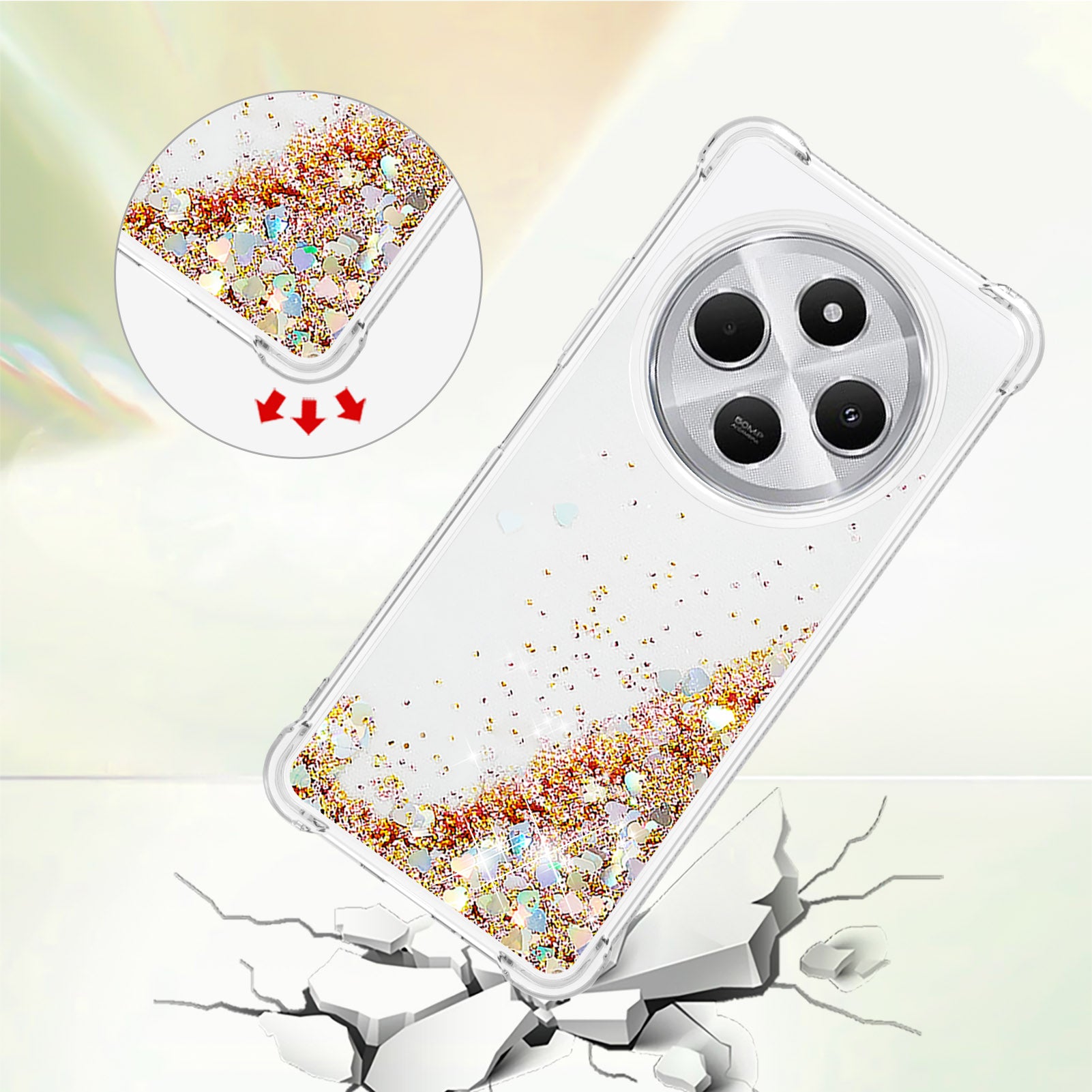 For Xiaomi Redmi 14R 5G / Xiaomi Poco C75 4G / Xiaomi Redmi 14C 4G Case Quicksand Anti-Drop TPU Phone Cover - Gold / Hearts