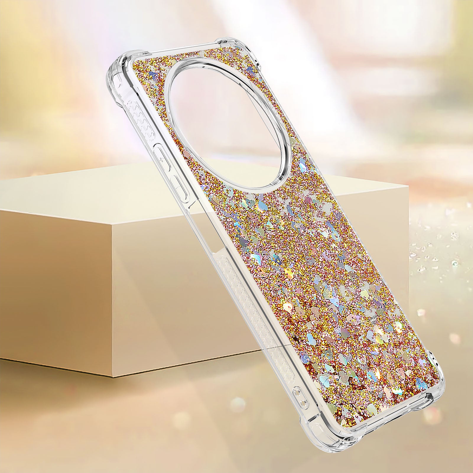 For Xiaomi Redmi 14R 5G / Xiaomi Poco C75 4G / Xiaomi Redmi 14C 4G Case Quicksand Anti-Drop TPU Phone Cover - Gold / Hearts