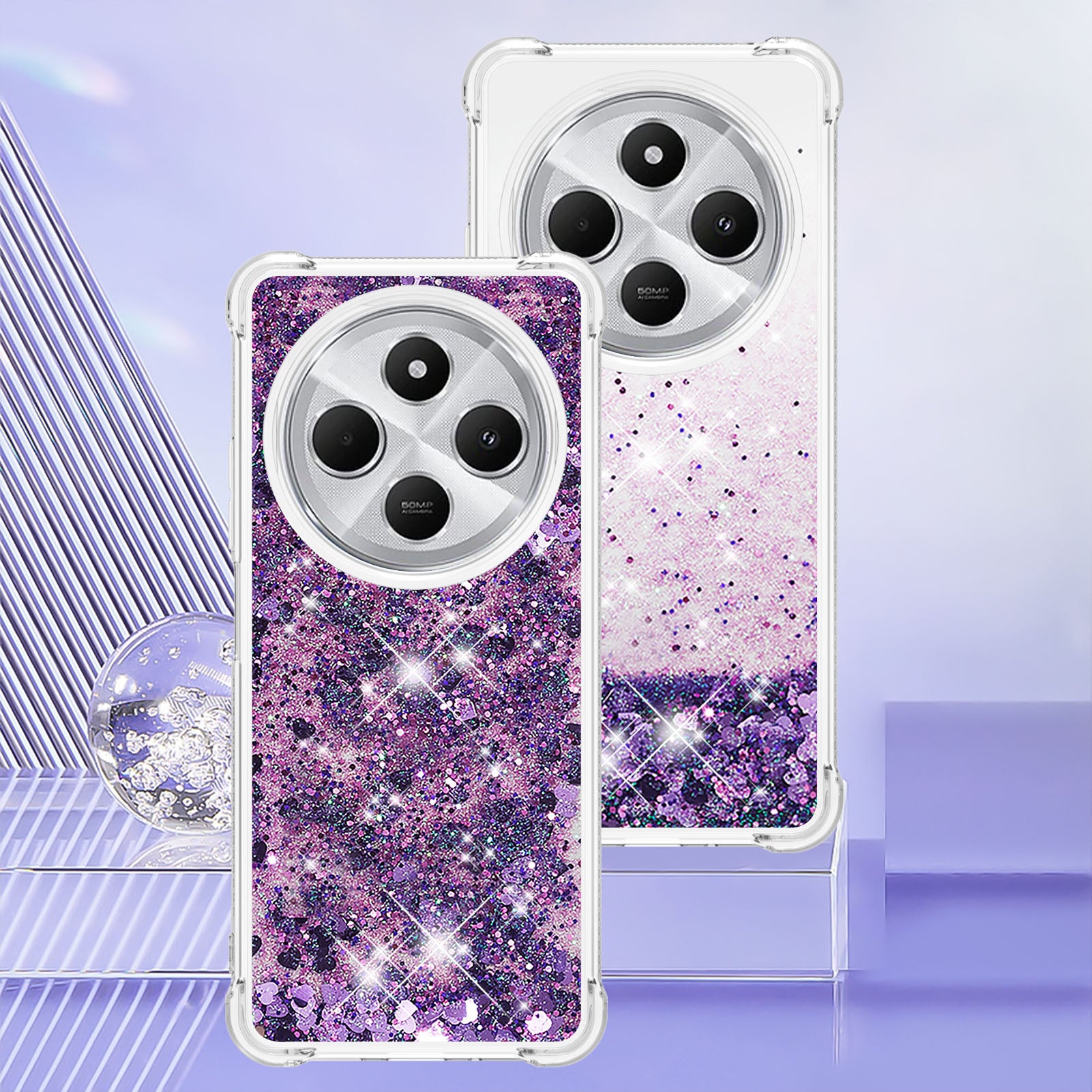 For Xiaomi Redmi 14R 5G / Xiaomi Poco C75 4G / Xiaomi Redmi 14C 4G Case Quicksand Anti-Drop TPU Phone Cover - Dark Purple / Hearts