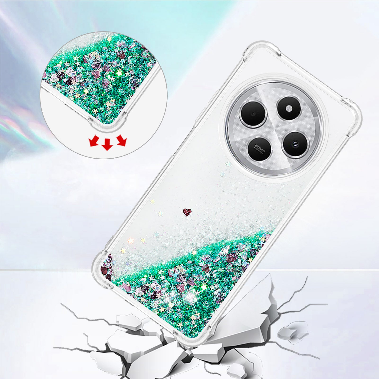 For Xiaomi Redmi 14R 5G / Xiaomi Poco C75 4G / Xiaomi Redmi 14C 4G Case Quicksand Anti-Drop TPU Phone Cover - Green / Hearts