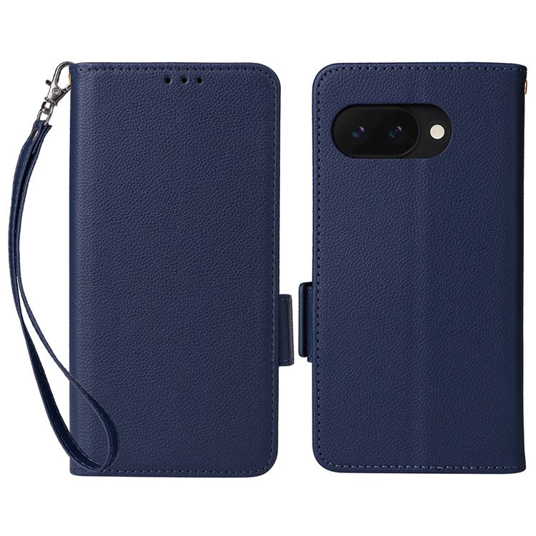 For Google Pixel 9a Case Litchi Texture PU Leather Wallet Flip Phone Cover - Dark Blue