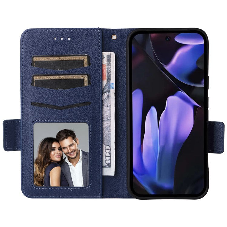 For Google Pixel 9a Case Litchi Texture PU Leather Wallet Flip Phone Cover - Dark Blue