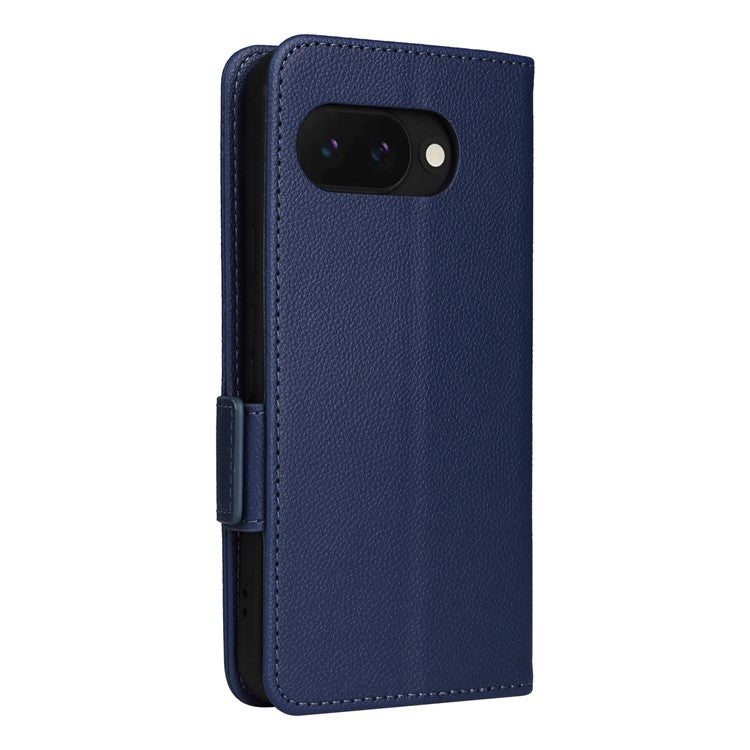 For Google Pixel 9a Case Litchi Texture PU Leather Wallet Flip Phone Cover - Dark Blue