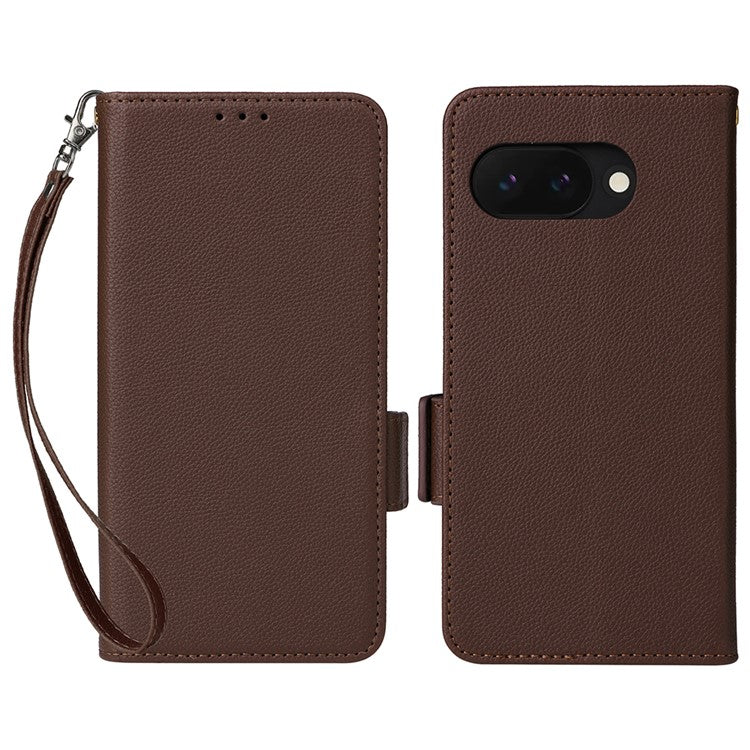 For Google Pixel 9a Case Litchi Texture PU Leather Wallet Flip Phone Cover - Brown