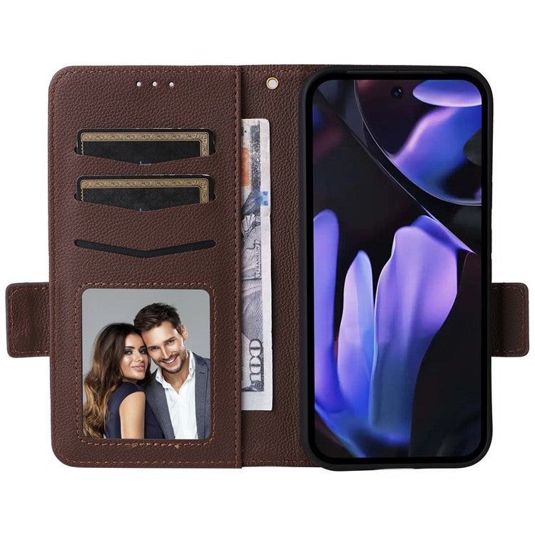 For Google Pixel 9a Case Litchi Texture PU Leather Wallet Flip Phone Cover - Brown