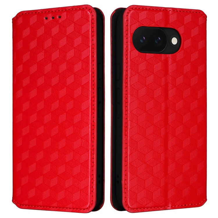 For Google Pixel 9a Wallet Case Rhombus Imprinted Leather Phone Cover - Red