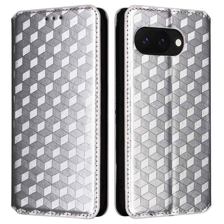 For Google Pixel 9a Wallet Case Rhombus Imprinted Leather Phone Cover - Silver