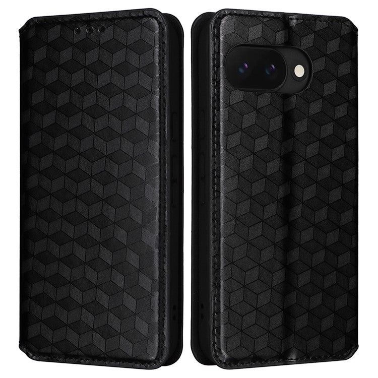 For Google Pixel 9a Wallet Case Rhombus Imprinted Leather Phone Cover - Black