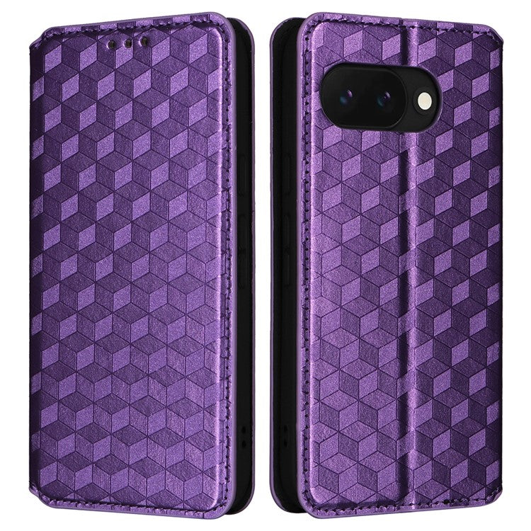 For Google Pixel 9a Wallet Case Rhombus Imprinted Leather Phone Cover - Purple