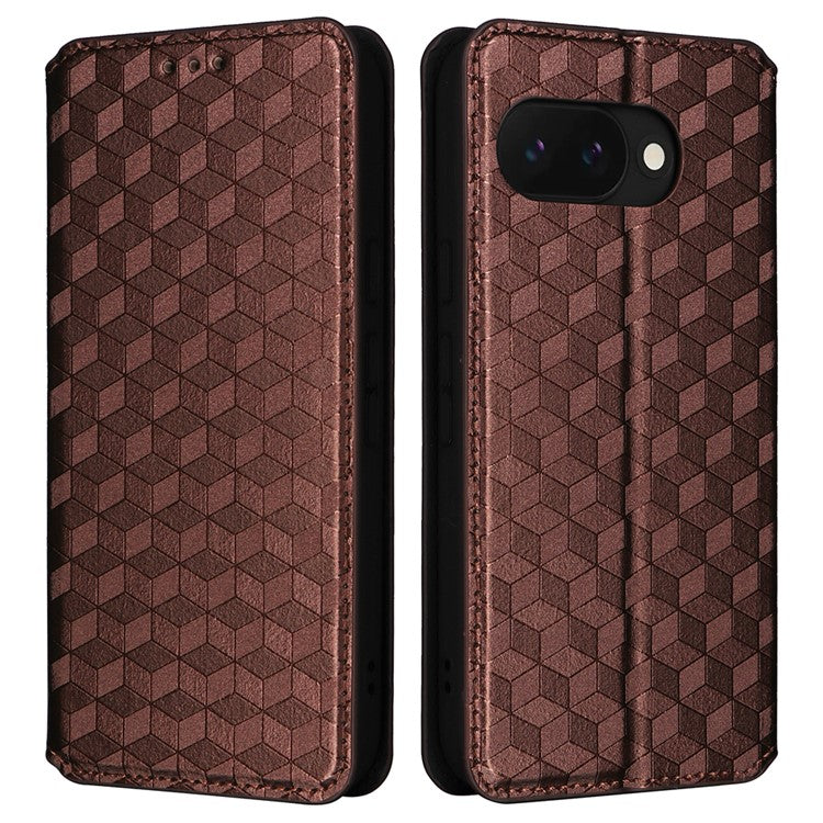 For Google Pixel 9a Wallet Case Rhombus Imprinted Leather Phone Cover - Brown