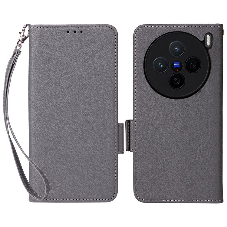 For vivo X200 5G Case Litchi Texture PU Leather Wallet Flip Phone Cover - Grey