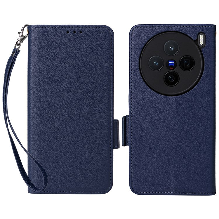 For vivo X200 5G Case Litchi Texture PU Leather Wallet Flip Phone Cover - Dark Blue