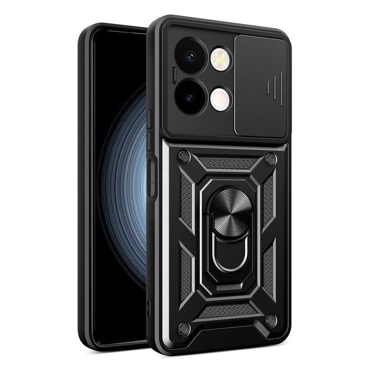 For vivo Y28 4G Case with Slide Camera Lid PC+TPU Kickstand Phone Cover - Black