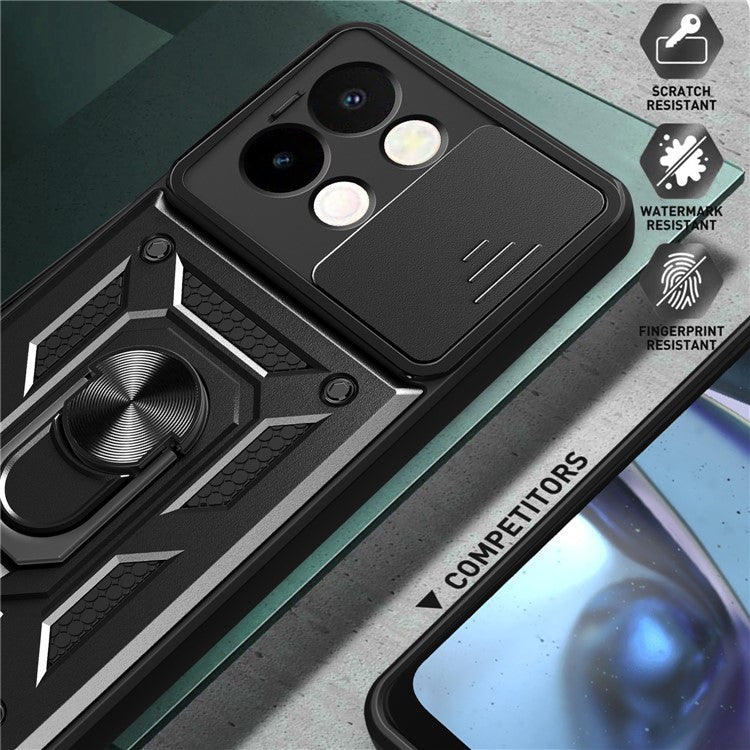 For vivo Y28 4G Case with Slide Camera Lid PC+TPU Kickstand Phone Cover - Black