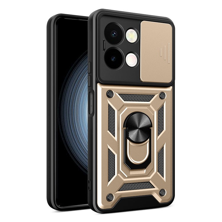 For vivo Y28 4G Case with Slide Camera Lid PC+TPU Kickstand Phone Cover - Gold