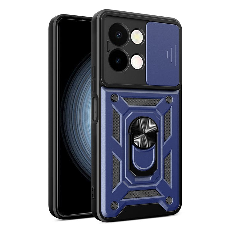 For vivo Y28 4G Case with Slide Camera Lid PC+TPU Kickstand Phone Cover - Blue