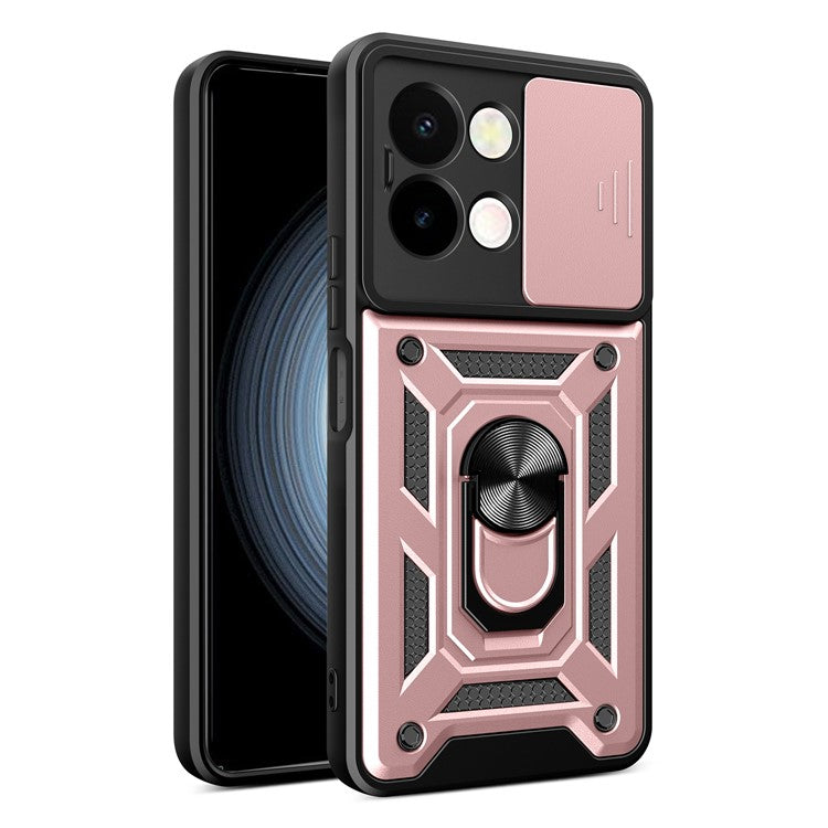 For vivo Y28 4G Case with Slide Camera Lid PC+TPU Kickstand Phone Cover - Rose Gold