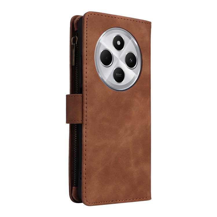 For Xiaomi Poco C75 4G / Redmi 14R 5G / 14C 4G Case Zipper Wallet Multiple Card Slots Leather Phone Cover - Brown