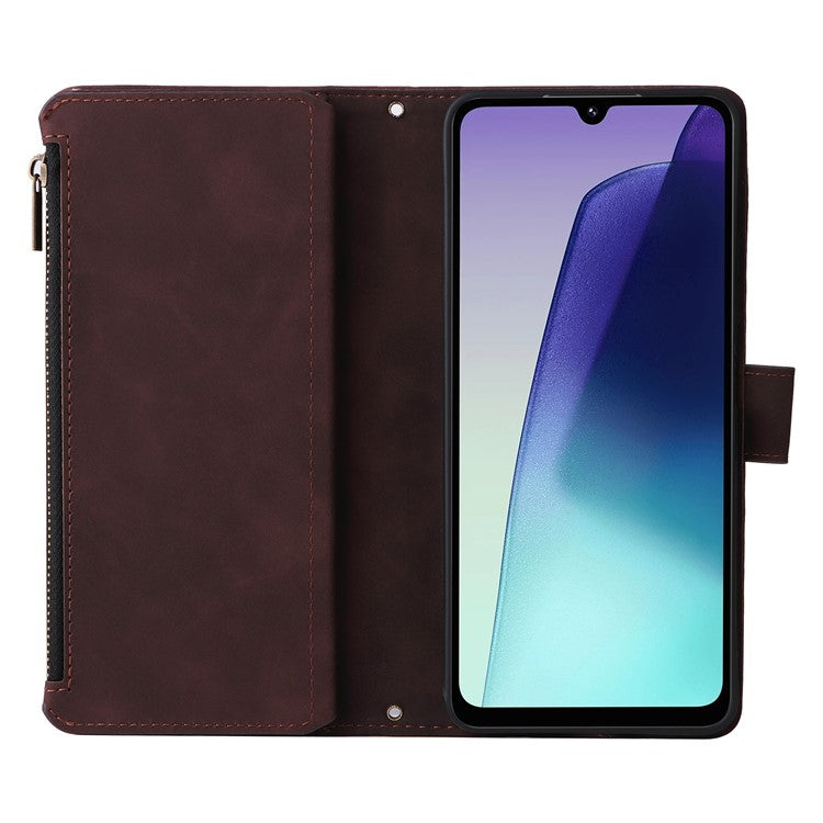 For Xiaomi Poco C75 4G / Redmi 14R 5G / 14C 4G Case Zipper Wallet Multiple Card Slots Leather Phone Cover - Coffee