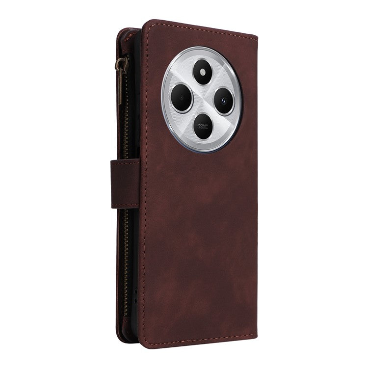 For Xiaomi Poco C75 4G / Redmi 14R 5G / 14C 4G Case Zipper Wallet Multiple Card Slots Leather Phone Cover - Coffee