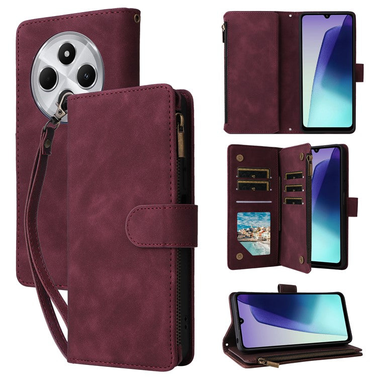 For Xiaomi Poco C75 4G / Redmi 14R 5G / 14C 4G Case Zipper Wallet Multiple Card Slots Leather Phone Cover - Wine Red