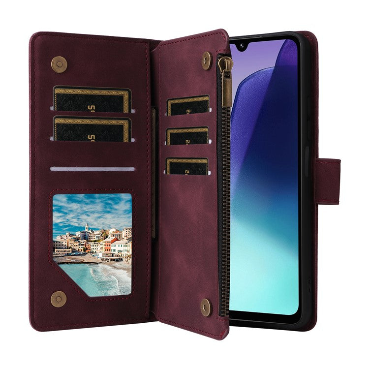 For Xiaomi Poco C75 4G / Redmi 14R 5G / 14C 4G Case Zipper Wallet Multiple Card Slots Leather Phone Cover - Wine Red