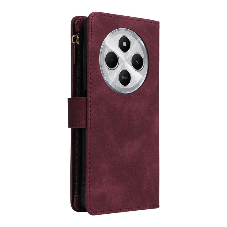 For Xiaomi Poco C75 4G / Redmi 14R 5G / 14C 4G Case Zipper Wallet Multiple Card Slots Leather Phone Cover - Wine Red