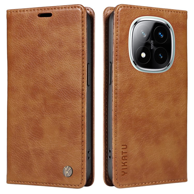 YIKATU YK-006 For Xiaomi Redmi Note 14 5G Case Magnetic Closure Leather Phone Cover Litchi Texture - Brown