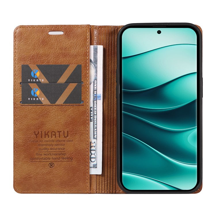 YIKATU YK-006 For Xiaomi Redmi Note 14 5G Case Magnetic Closure Leather Phone Cover Litchi Texture - Brown