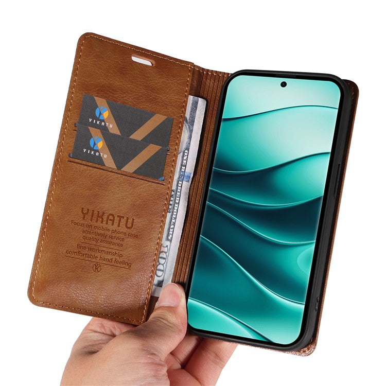 YIKATU YK-006 For Xiaomi Redmi Note 14 5G Case Magnetic Closure Leather Phone Cover Litchi Texture - Brown