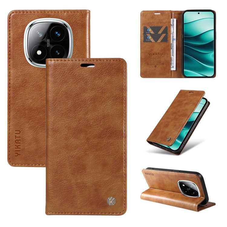 YIKATU YK-006 For Xiaomi Redmi Note 14 5G Case Magnetic Closure Leather Phone Cover Litchi Texture - Brown