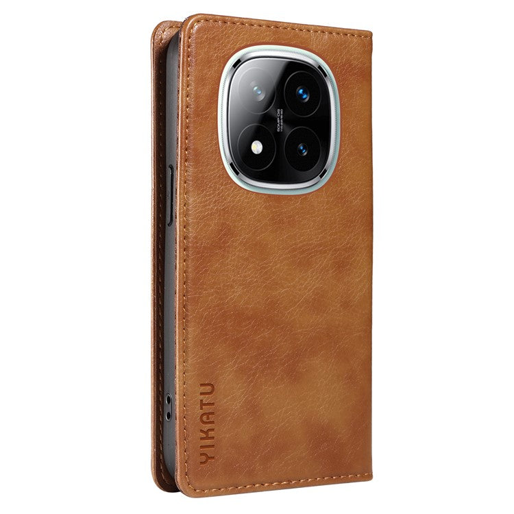 YIKATU YK-006 For Xiaomi Redmi Note 14 5G Case Magnetic Closure Leather Phone Cover Litchi Texture - Brown