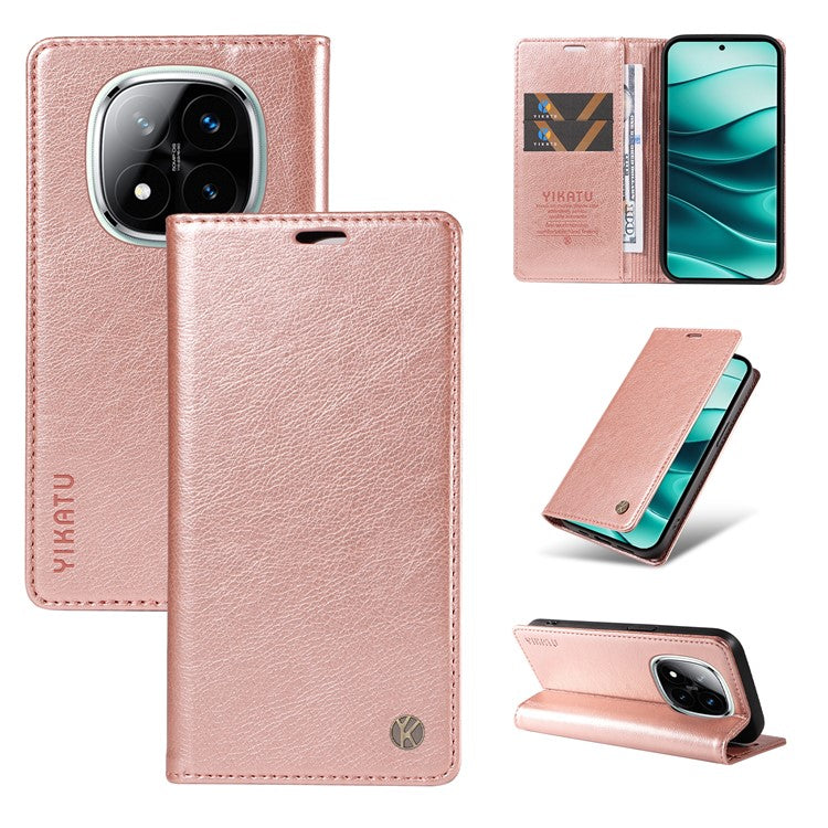 YIKATU YK-006 For Xiaomi Redmi Note 14 5G Case Magnetic Closure Leather Phone Cover Litchi Texture - Rose Gold