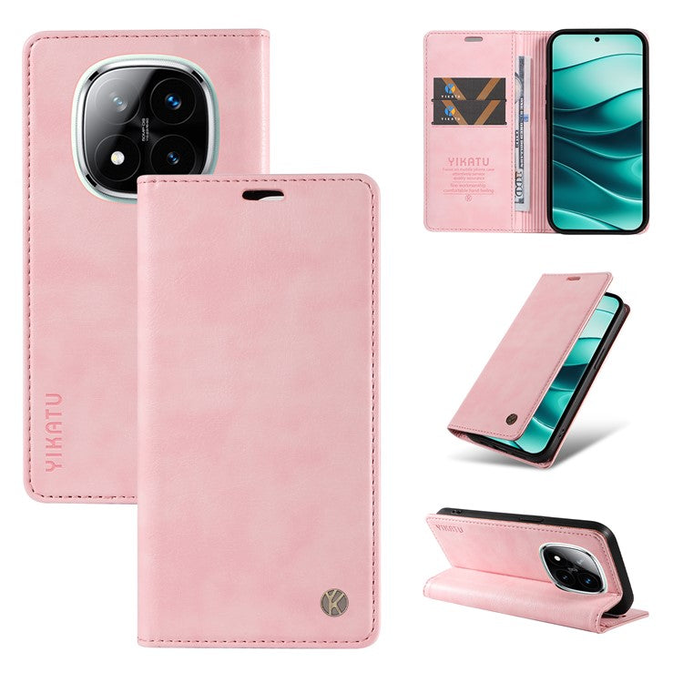 YIKATU YK-006 For Xiaomi Redmi Note 14 5G Case Magnetic Closure Leather Phone Cover Litchi Texture - Pink