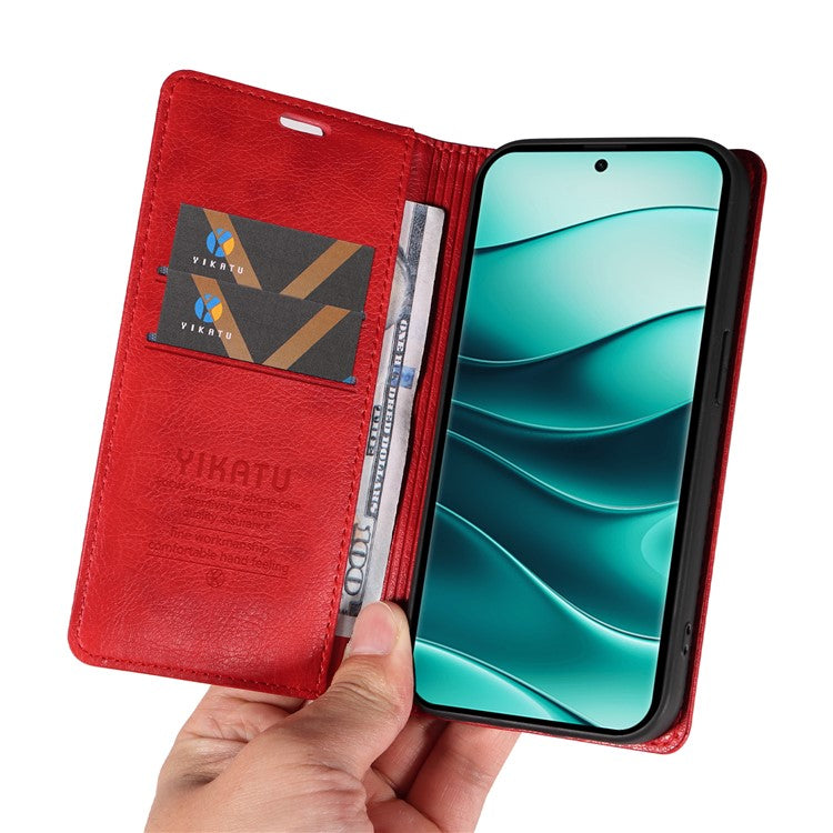 YIKATU YK-006 For Xiaomi Redmi Note 14 5G Case Magnetic Closure Leather Phone Cover Litchi Texture - Red