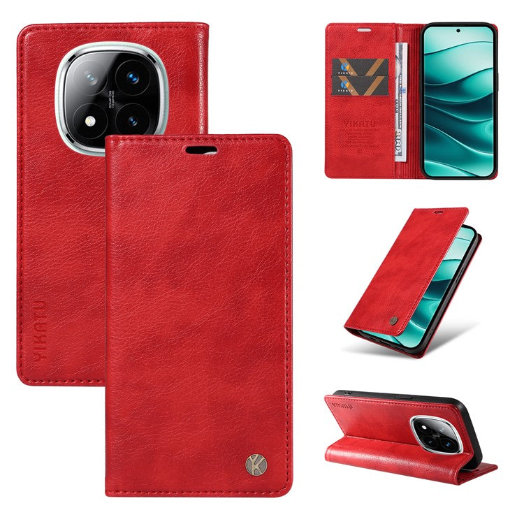 YIKATU YK-006 For Xiaomi Redmi Note 14 5G Case Magnetic Closure Leather Phone Cover Litchi Texture - Red