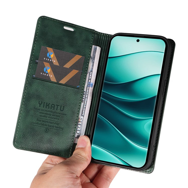 YIKATU YK-006 For Xiaomi Redmi Note 14 5G Case Magnetic Closure Leather Phone Cover Litchi Texture - Green