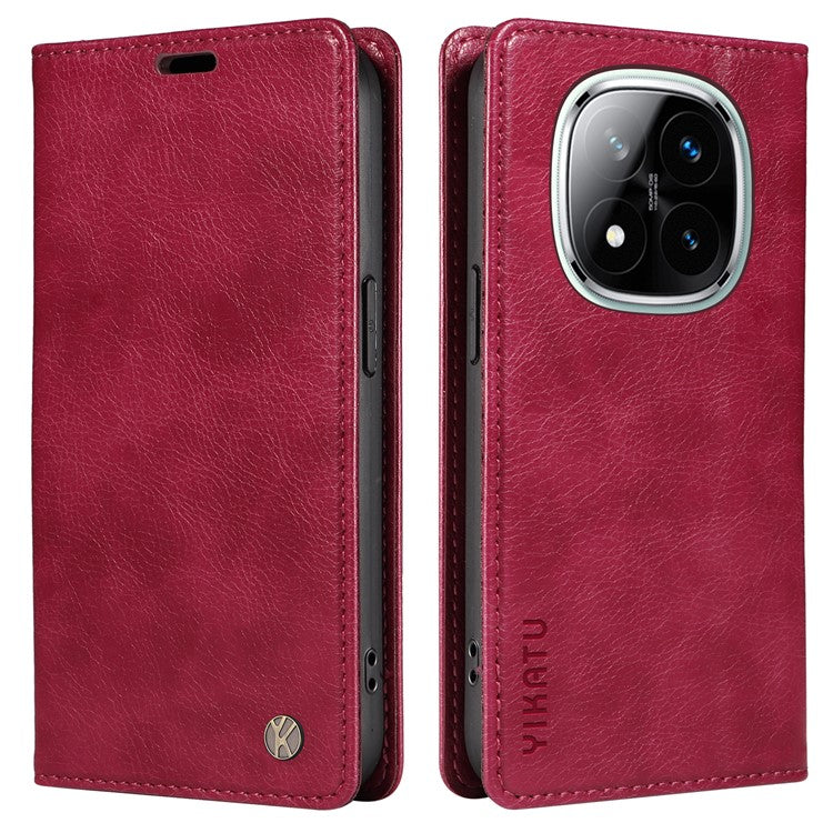 YIKATU YK-006 For Xiaomi Redmi Note 14 5G Case Magnetic Closure Leather Phone Cover Litchi Texture - Wine Red