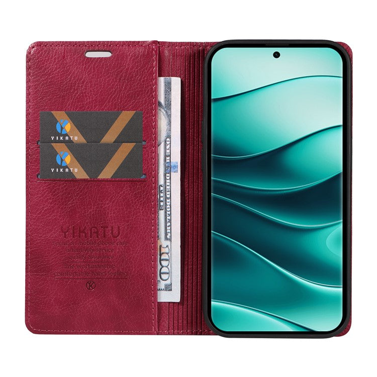 YIKATU YK-006 For Xiaomi Redmi Note 14 5G Case Magnetic Closure Leather Phone Cover Litchi Texture - Wine Red