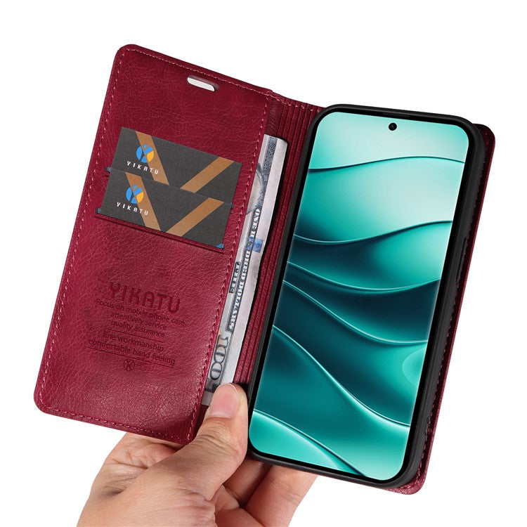 YIKATU YK-006 For Xiaomi Redmi Note 14 5G Case Magnetic Closure Leather Phone Cover Litchi Texture - Wine Red