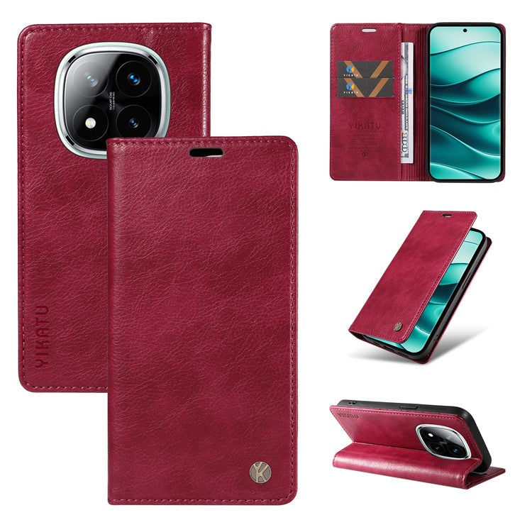 YIKATU YK-006 For Xiaomi Redmi Note 14 5G Case Magnetic Closure Leather Phone Cover Litchi Texture - Wine Red